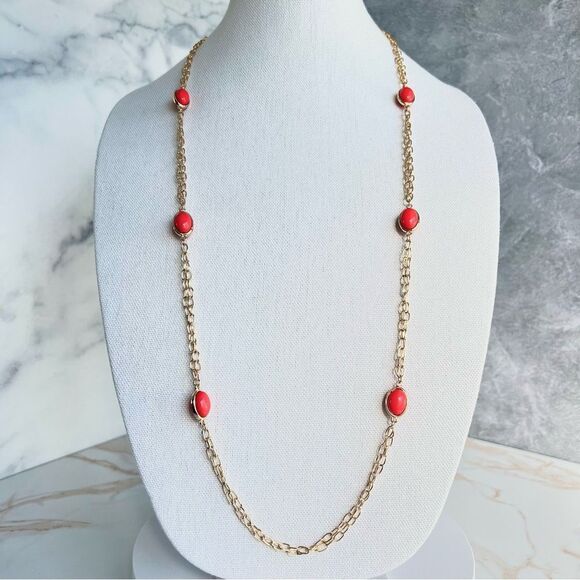 Bancroft Long Double Gold Tone Chain Bezel Set Orange Coral Bead Necklace NWT - Picture 1 of 2